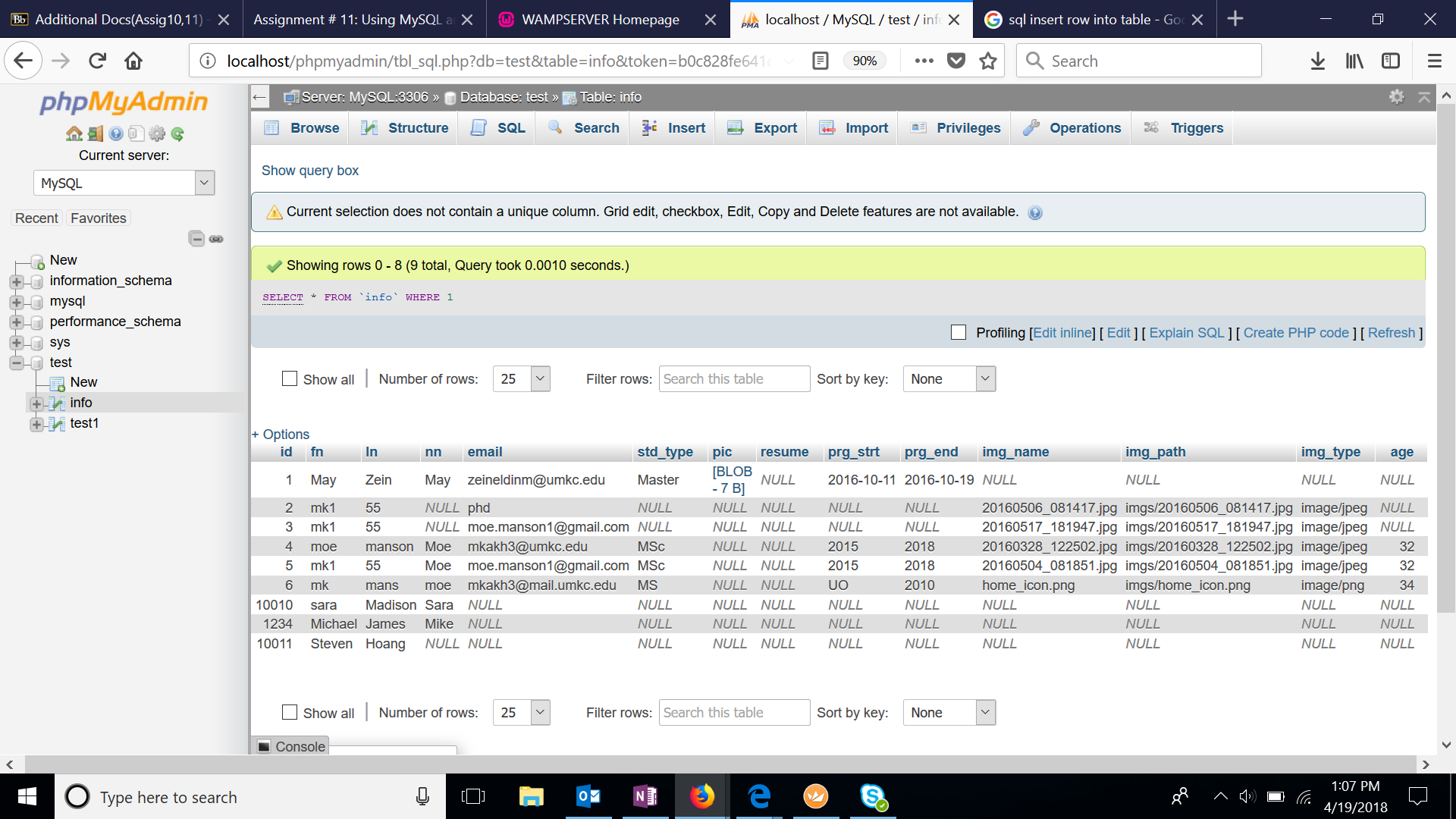 Sample FOMR SQL table